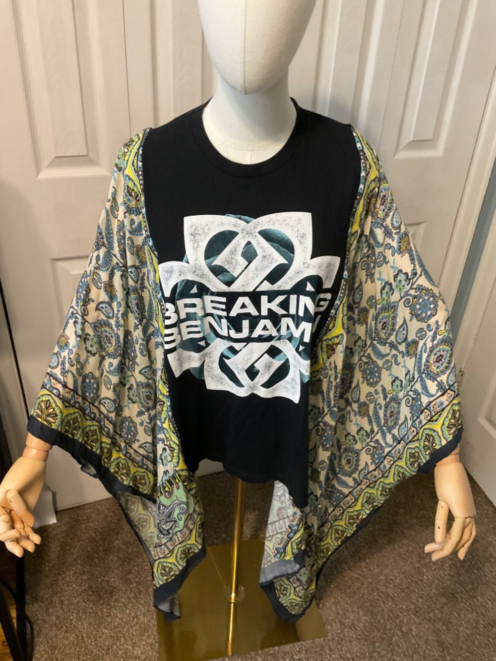 Breaking Benjamin Upcycled Graphic T-Shirt with Printed Flowy Sleeves - OSFM
